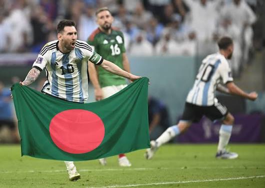 Lionel Messi holding Bangladesh flag during World Cup celebration